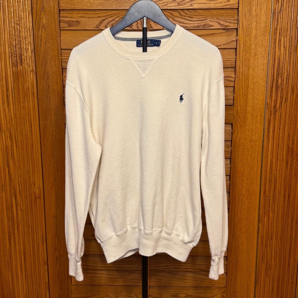 Polo Ralph Lauren Mens Cream Cotton Crewneck Sweater Large Navy Pony Logo
